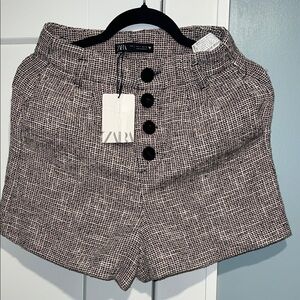 ZARA Black & White Tweed High-Waist Button-Front Shorts